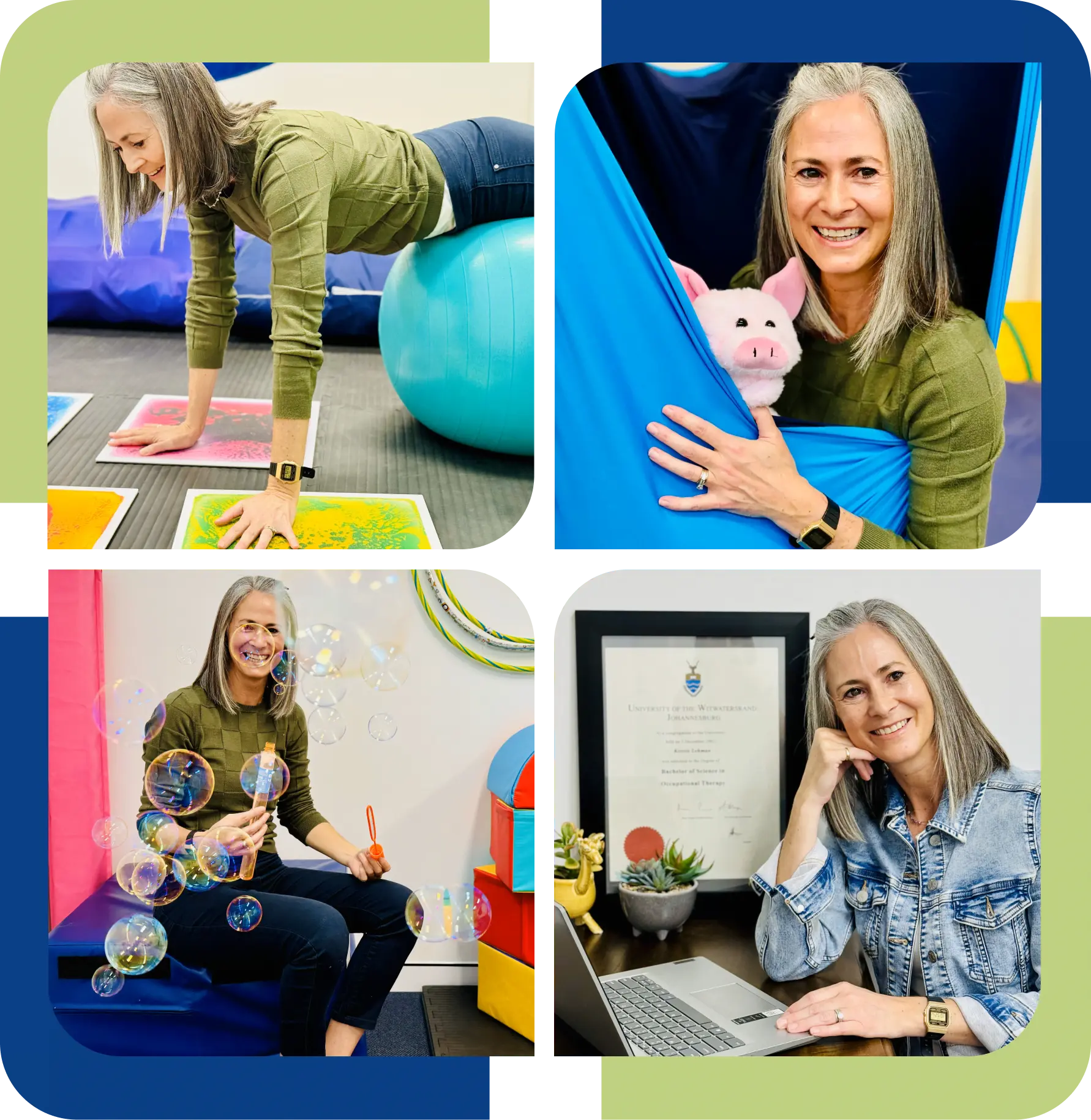 A collage of a woman working on a laptop, with a baby and a pig nearby, representing the integration of family and career.