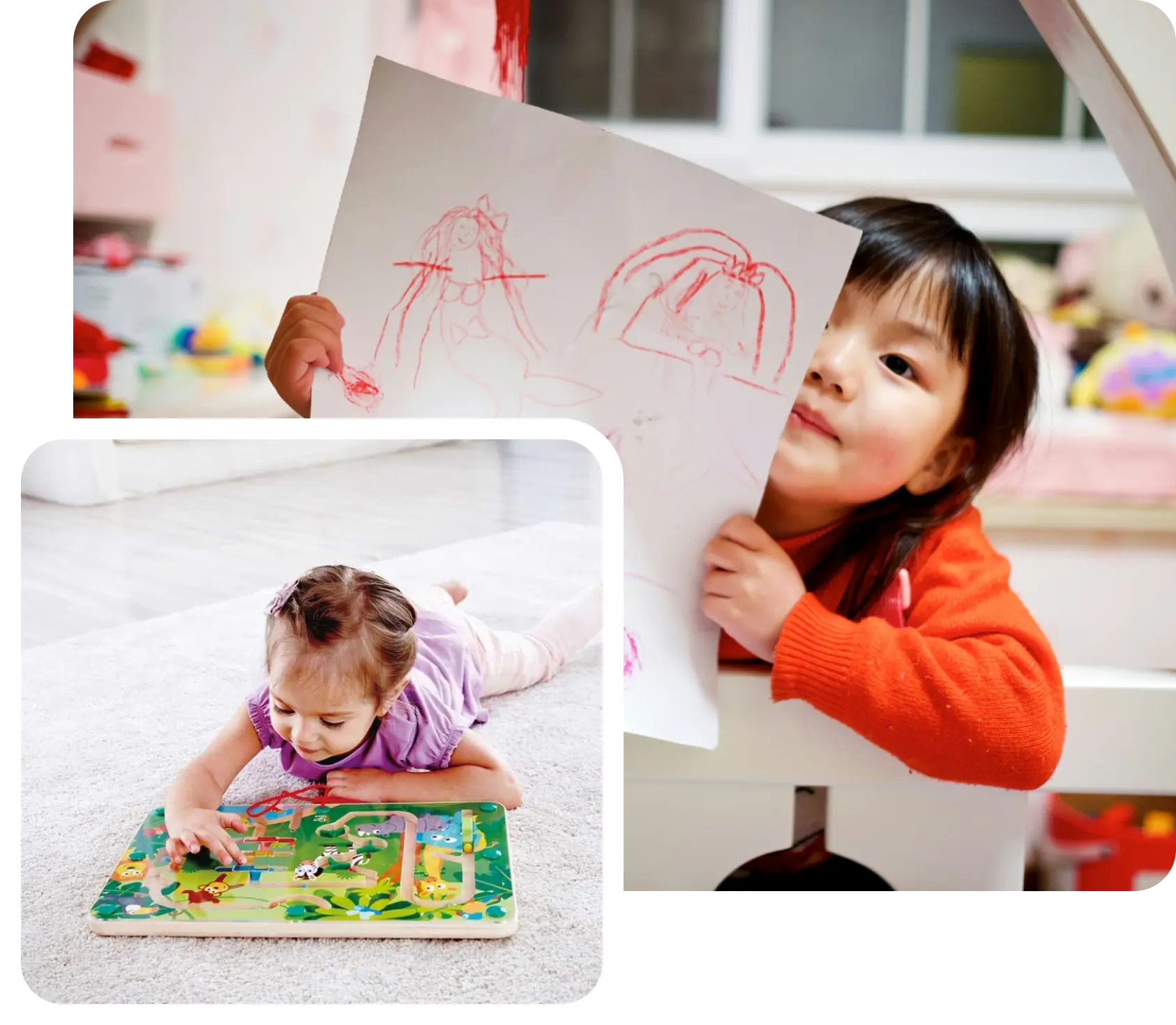 A child engaged in play with a wooden puzzle while drawing, showcasing creativity and focus in a bright environment.