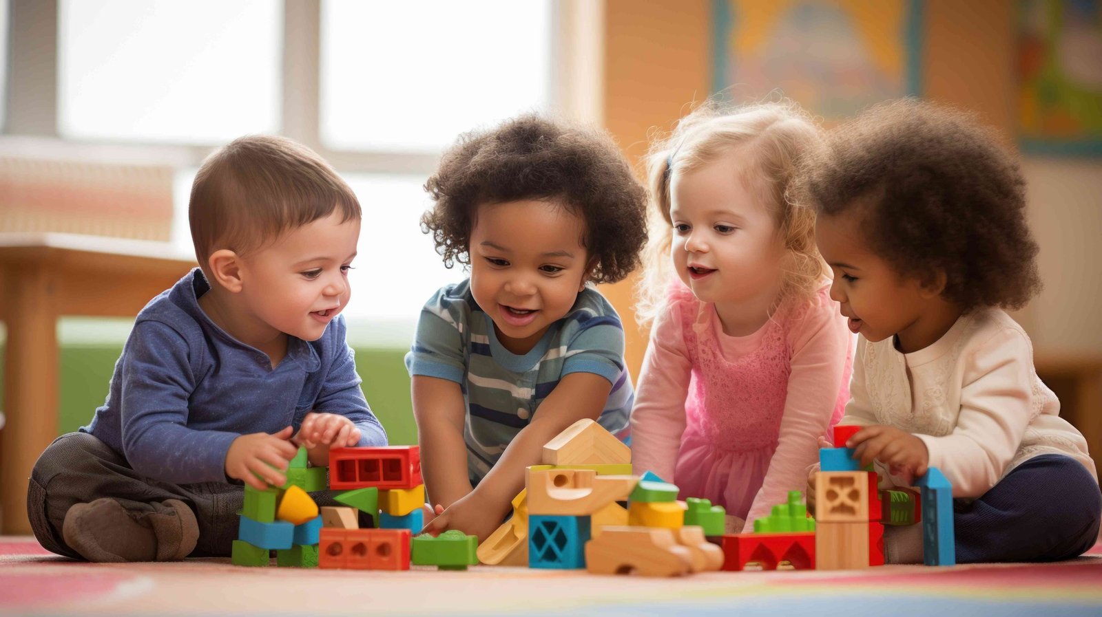 Children engaged in play with colorful wooden blocks in a bright classroom setting, fostering creativity and teamwork.