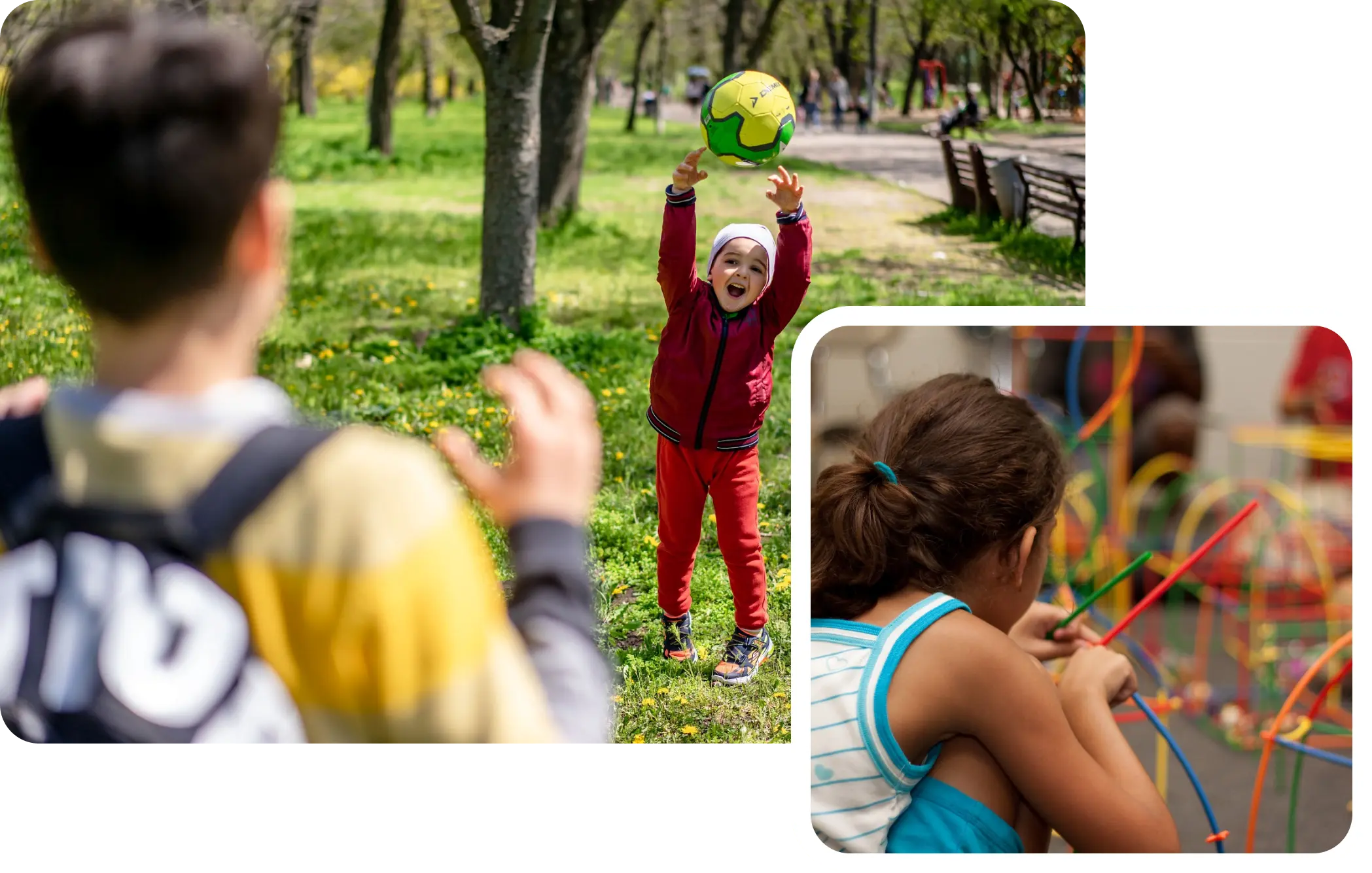 A colorful collage featuring children engaged in playful activities at a park, capturing moments of joy and fun.